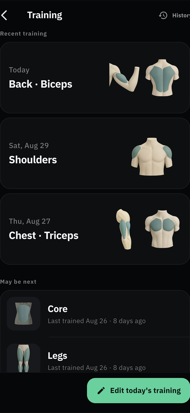 Veya Training screen: today’s session, Back and Biceps, above recent sessions and the muscles that may be next